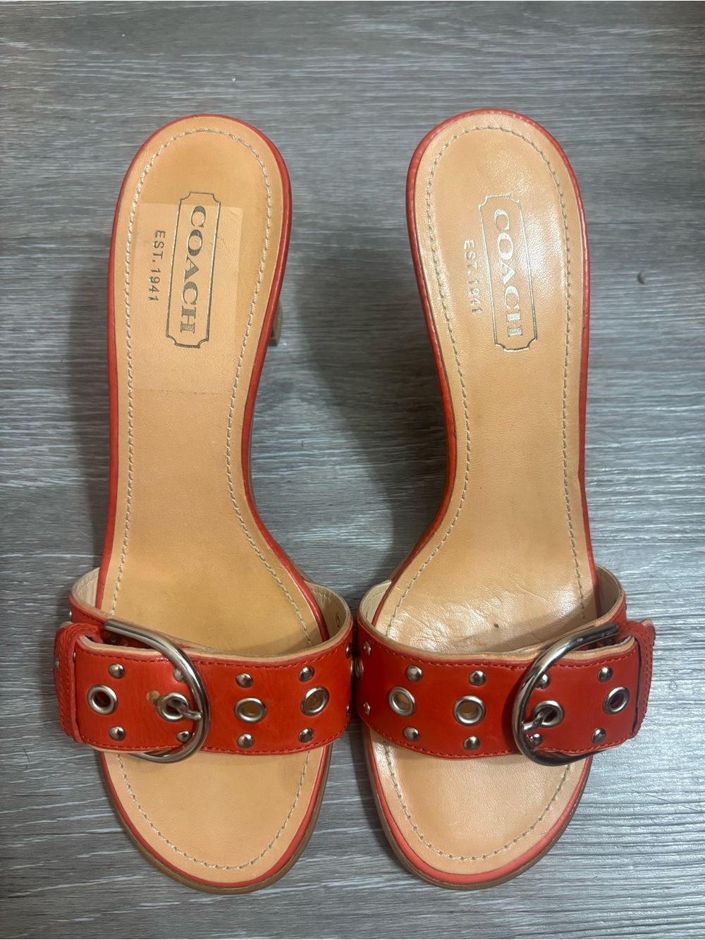 COACH Red Leather Grommet Buckle Slide Mules
